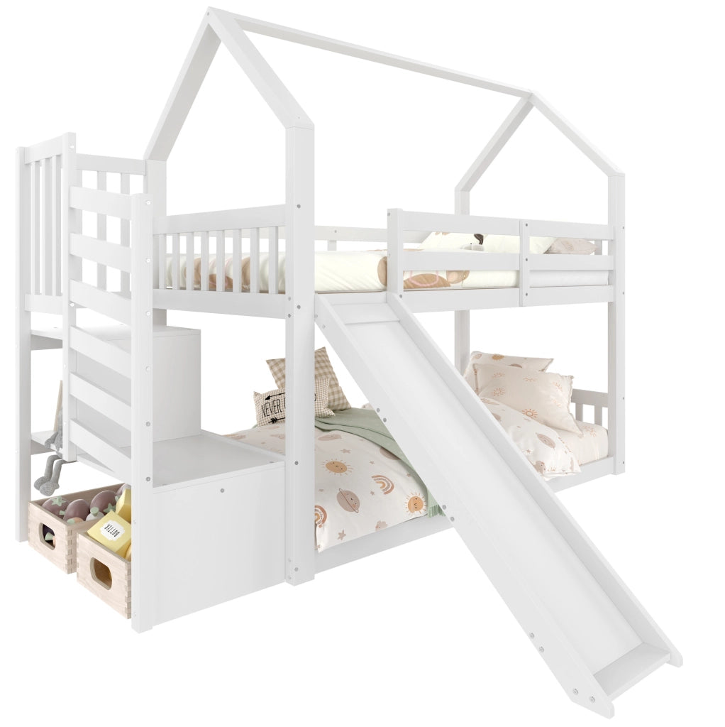 Letto a castello 90x200 cm con scivolo e scala, bianco