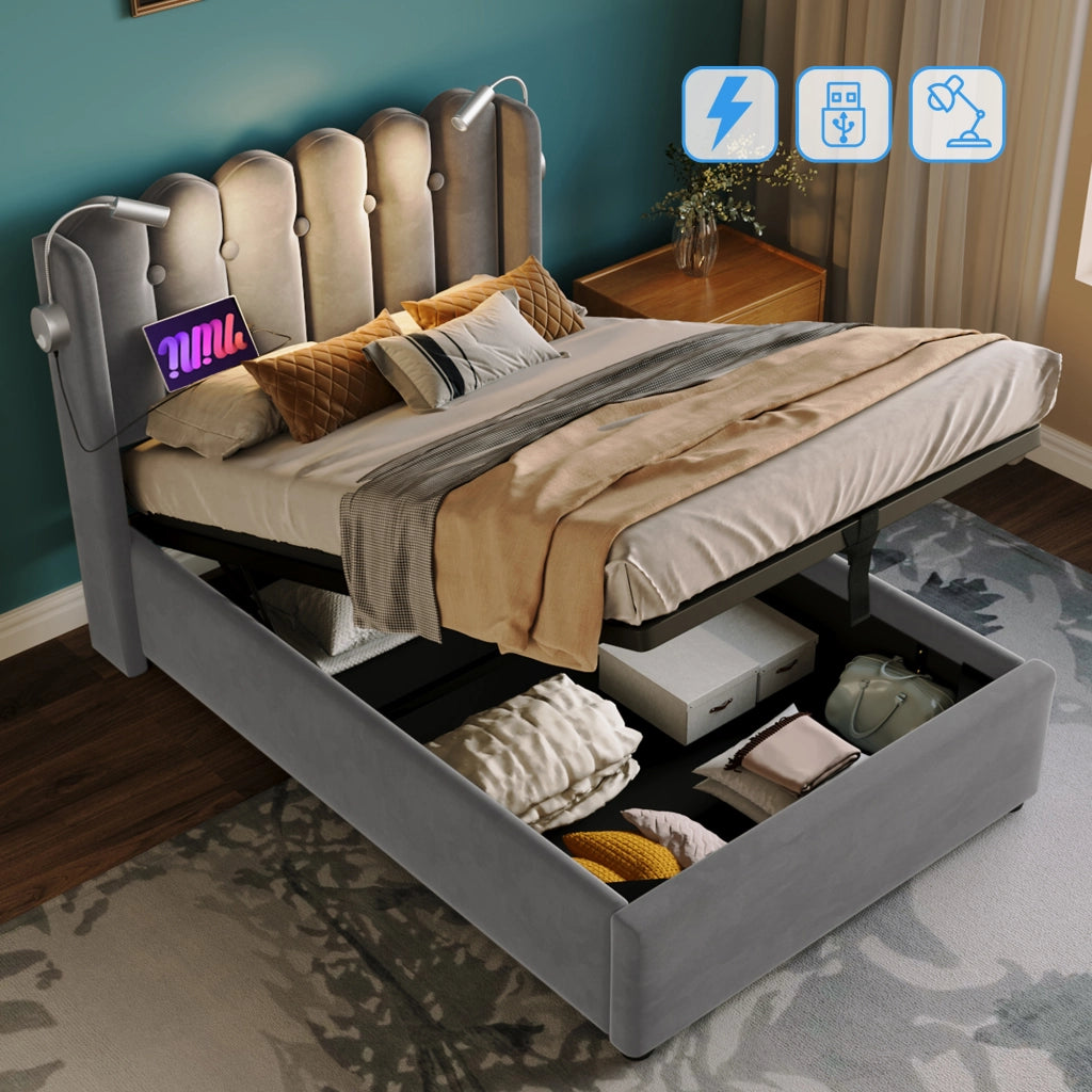 Letto Contenitore 90 x 200 cm; 1 Posto con USB; Luce da Lettura e Vano; senza Materasso; Velluto Grigio