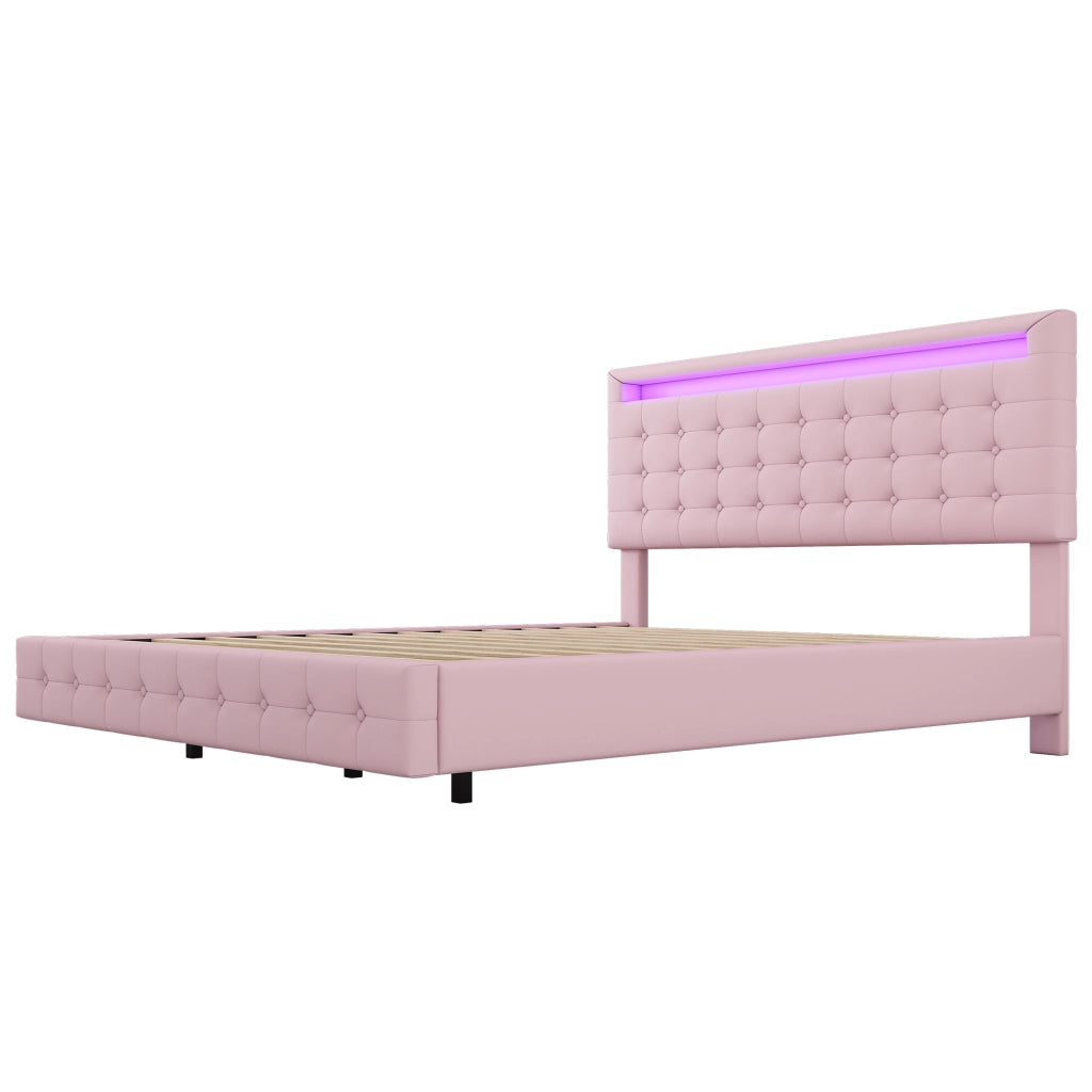 Letto flottante 140x200 cm in PU rosa con illuminazione LED e testiera regolabile