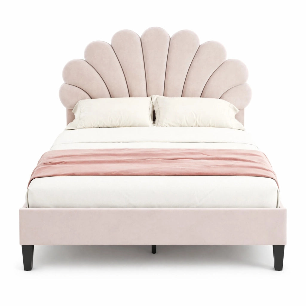 Letto matrimoniale imbottito 140x200 cm in velluto beige con testiera a fiore e rete a doghe, portata 250 kg