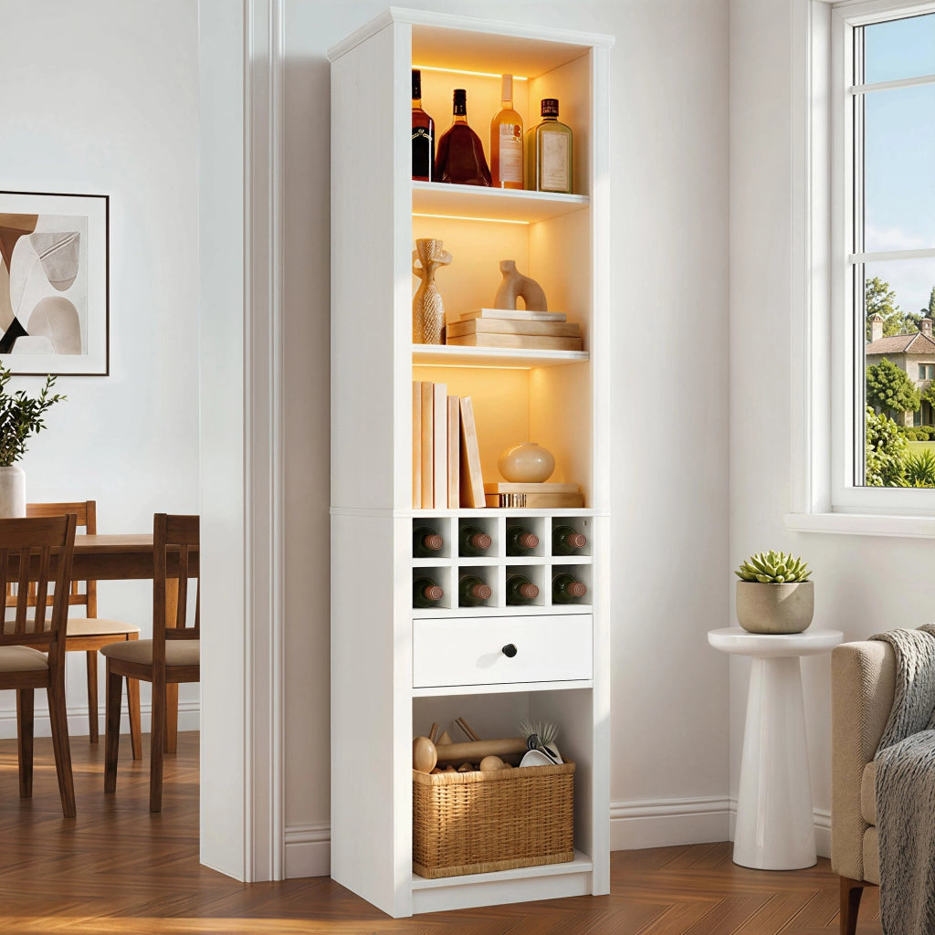 Credenza alta con 1 cassetto; 12 vani e LED - per soggiorno - in MDF - 55×40×200 cm