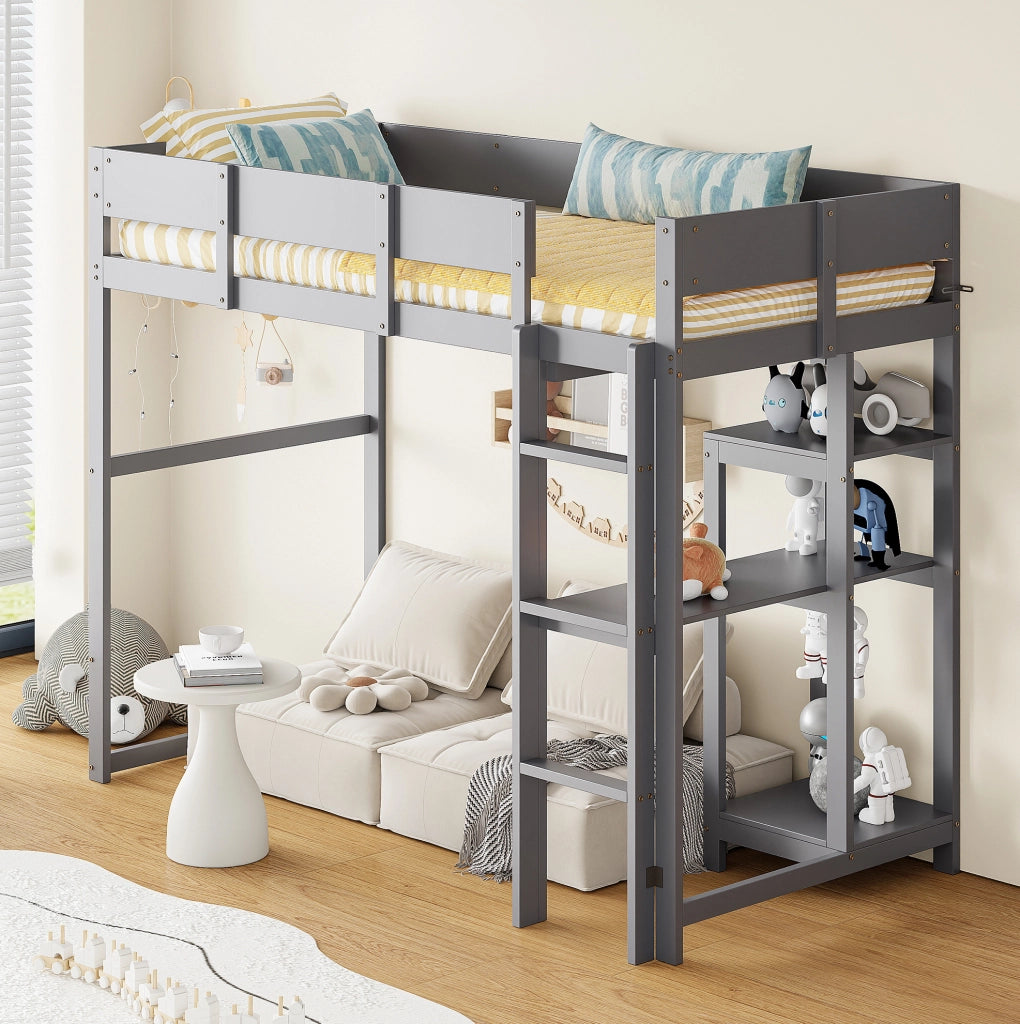 Letto a castello con ripiano 90x200 cm in legno di pino massello; grigio