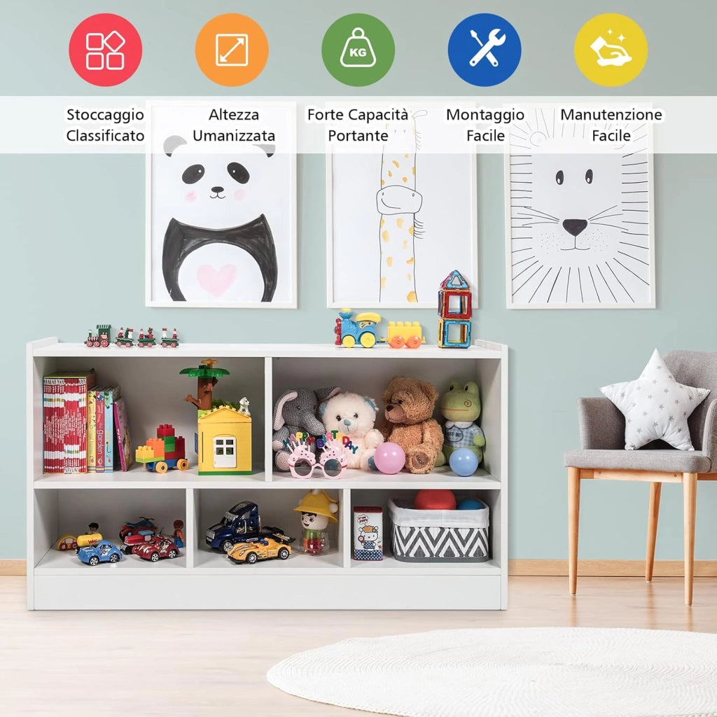 Libreria per Bambini e Organizer Giocattoli, Scaffale di Legno Con 5 Scompartimenti, Per Stanza dei Giochi Camera Dei Bambini Angolo di Lettura Classe Scuola Materna (Bianco)