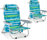 Sedia da Spiaggia Pieghevole, Spiaggina con Schienale Regolabile in 5 Posizioni, Sdraio Mare con Poggiatesta, Lettino Prendisole con Tasca Laterale, Carico 150 kg (Blu+Verde*2)