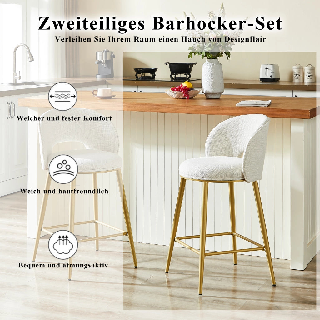 Sgabello da bar in tessuto chenille con schienale traforato e poggiapiedi, struttura in metallo beige per cucina