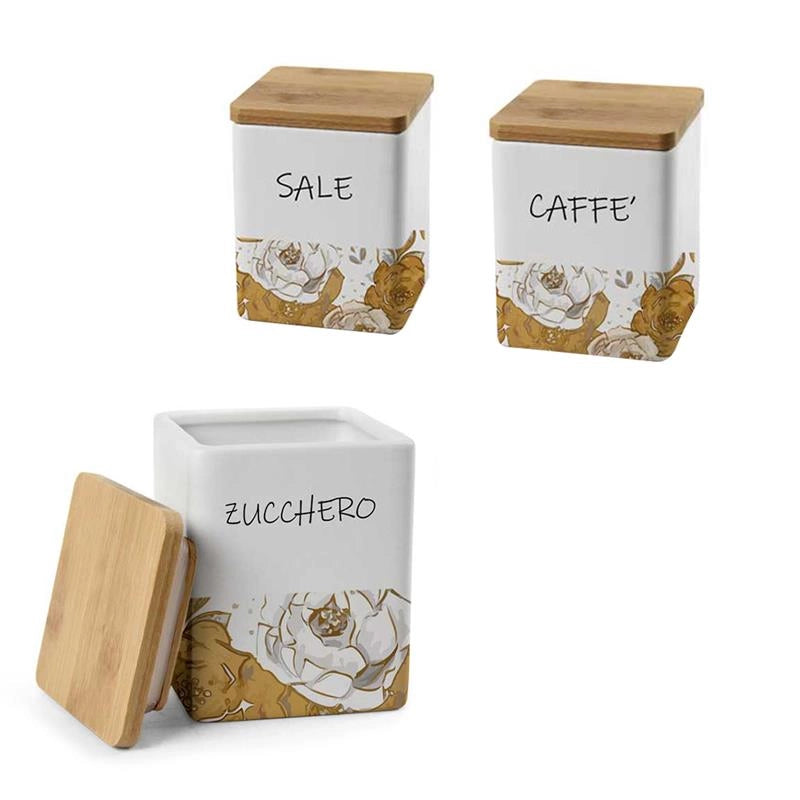 TRIS ROSE QUADRATO SALE, ZUCCHERO E CAFFÈ IN CERAMICA CON TAPPO IN LEGNO 9X11 CM