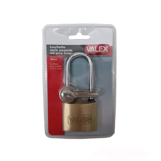 LUCCHETTO SERIE PESANTE OTTONE AD ARCO LUNGO 50mm + 3 CHIAVI VALEX 1960271