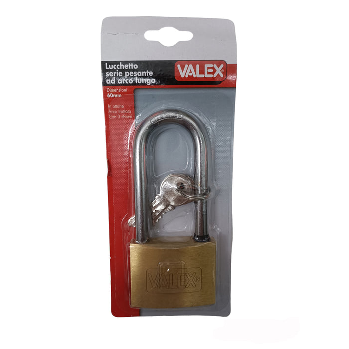 LUCCHETTO SERIE PESANTE OTTONE AD ARCO LUNGO 60mm + 3 CHIAVI VALEX 1960272