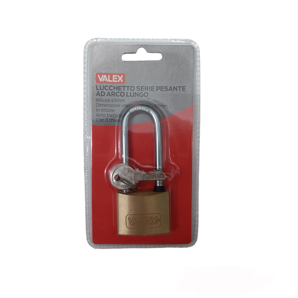 LUCCHETTO SERIE PESANTE OTTONE AD ARCO LUNGO 40mm + 3 CHIAVI VALEX 1960270