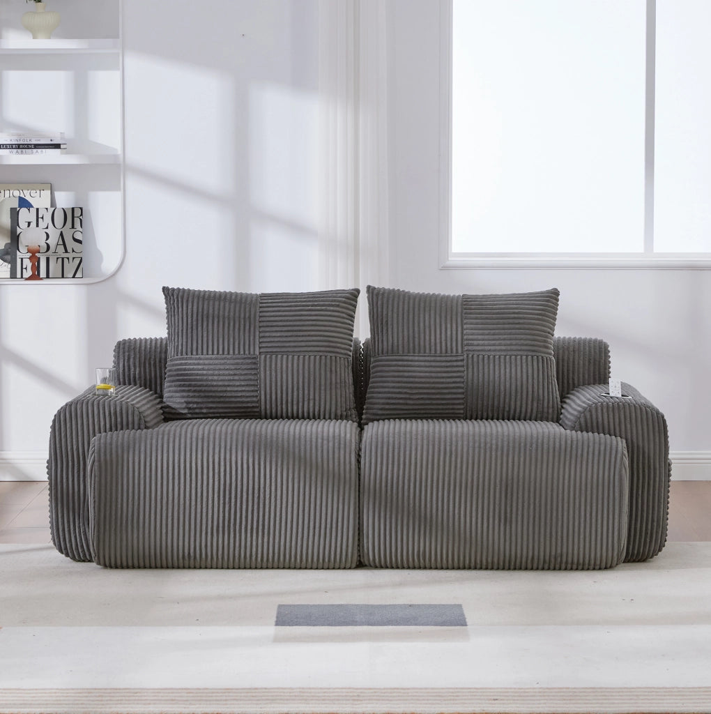 Divano modulare a 2 posti in corduroy grigio scuro; 200x99x80 cm con portabicchiere e tasca laterale