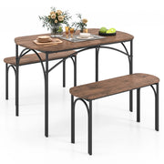 Set da pranzo 3 pezzi per 4 persone, Tavolo rettangolare in legno da 120cm e 2 panche con struttura in metallo Marrone-Tavoli e sedie da pranzo