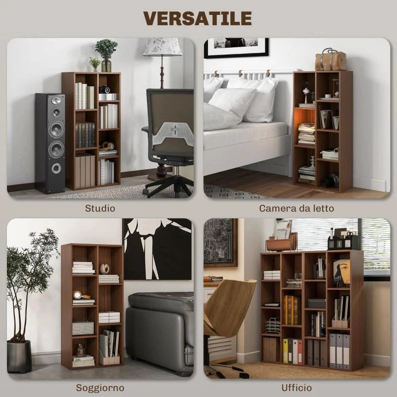 MOBILE LIBRERIA A CUBI IN LEGNO CON 7 RIPIANI DI DIVERSE DIMENSIONI, 50X24X106 CM, COLOR NOCE
