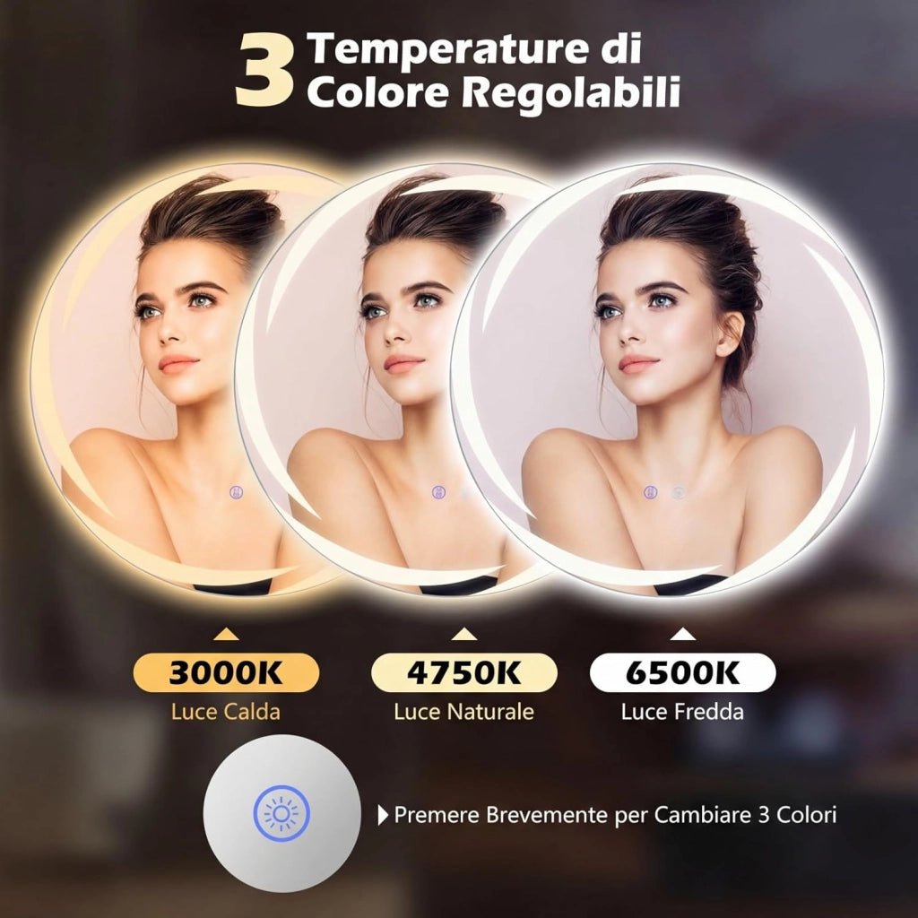 Specchio da Bagno con LED Rotondo 60 cm, Specchio da Parete Retroilluminato Dimmerabile con Vetro Temperato Antideflagrante, Luci a 3 Colori e Antiappannamento, IP44 (60 x 60 cm)