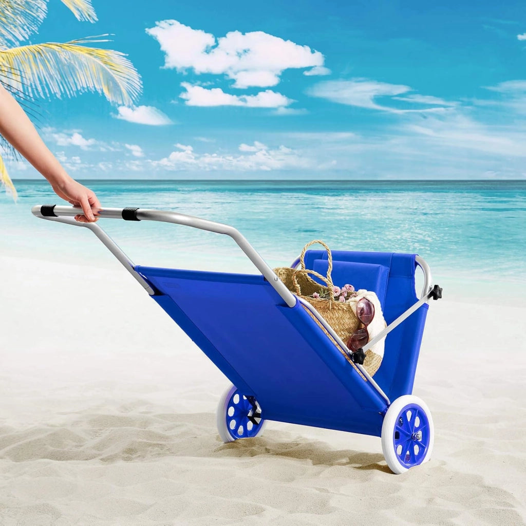 ® Lettino da Spiaggia Kreta Pieghevole Trasportabile 2 Ruote con Cuscino Tettuccio Parasole Sdraio Prendisole