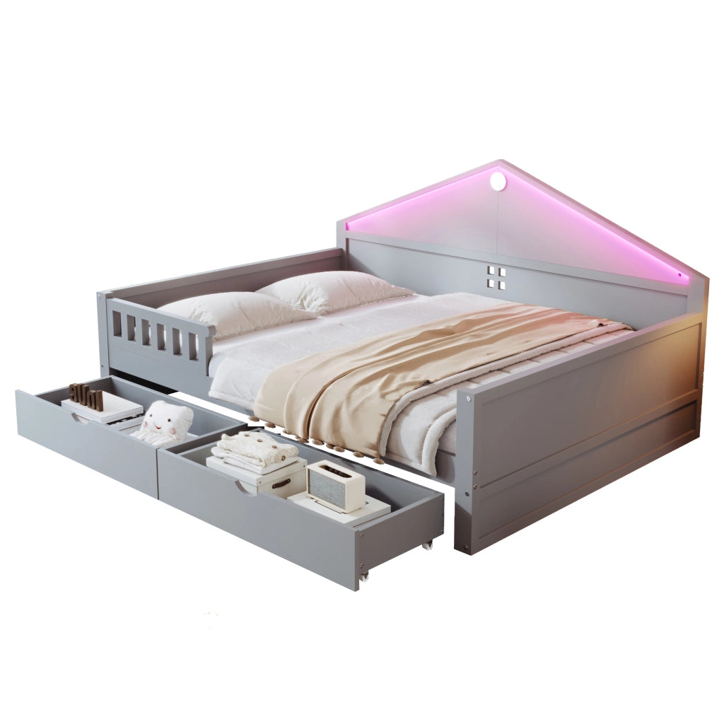 DESMIU Letto singolo 140 × 200 cm con LED, 2 cassetti, senza materasso, in legno massiccio e MDF, grigio