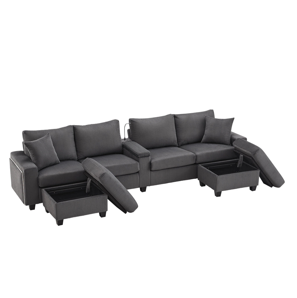 Divano a U ULEVR 334x128,5x81 cm in velluto a coste grigio con 2 pouf contenitore, LED, USB e Type-C