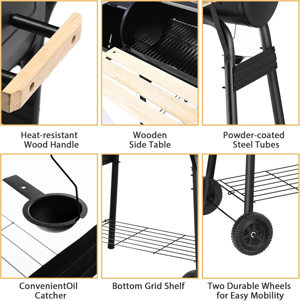 Barbecue a carbone con termometro e ruote, griglia in acciaio con camino, affumicante per esterni, con tavolo laterale e ripiano inferiore, 115 x 65 x 108 cm