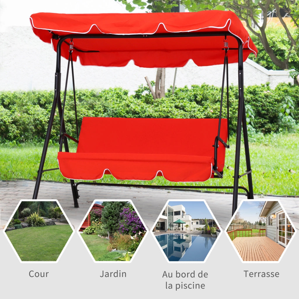 Balancelle 3 Posti con Cuscini ¨C zephmum ¨C Acero Nero, Poliestere Rosso, 172x110x152 cm