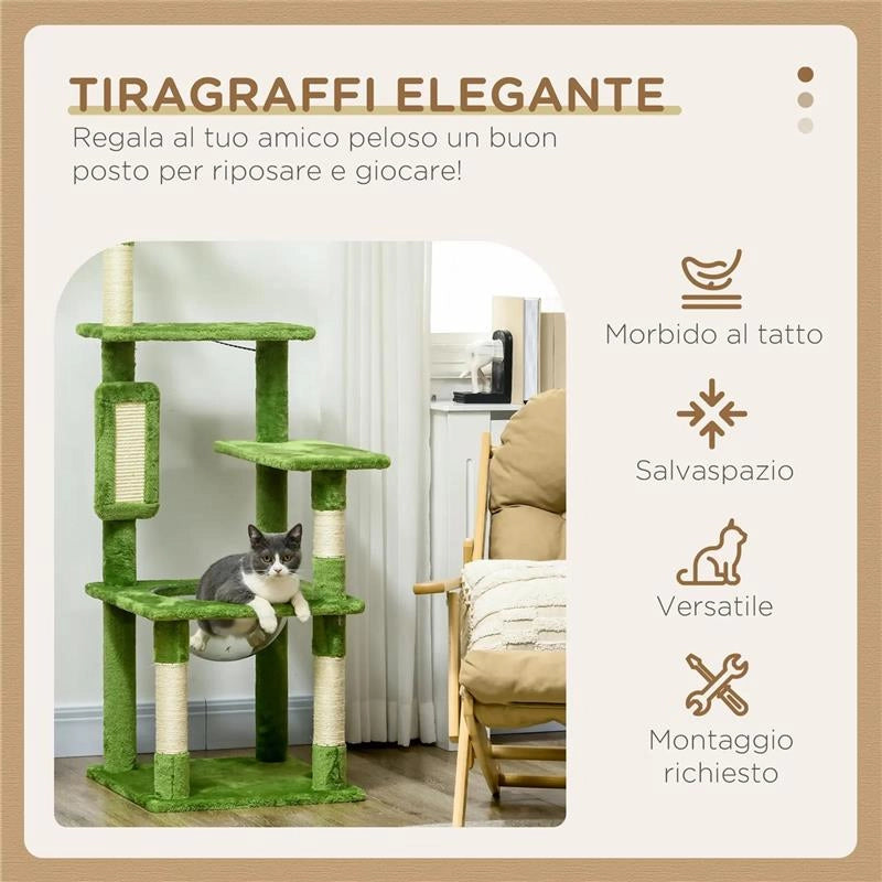 ALBERO PER GATTI MULTILIVELLO CON AMACA TIRAGRAFFI PALLINA E FOGLIE DECORATIVE 49X49X142 CM VERDE