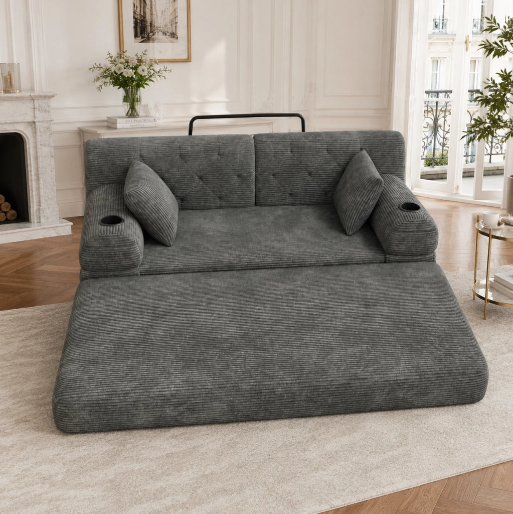 Divano letto compatto in velluto a coste grigio scuro con tasche