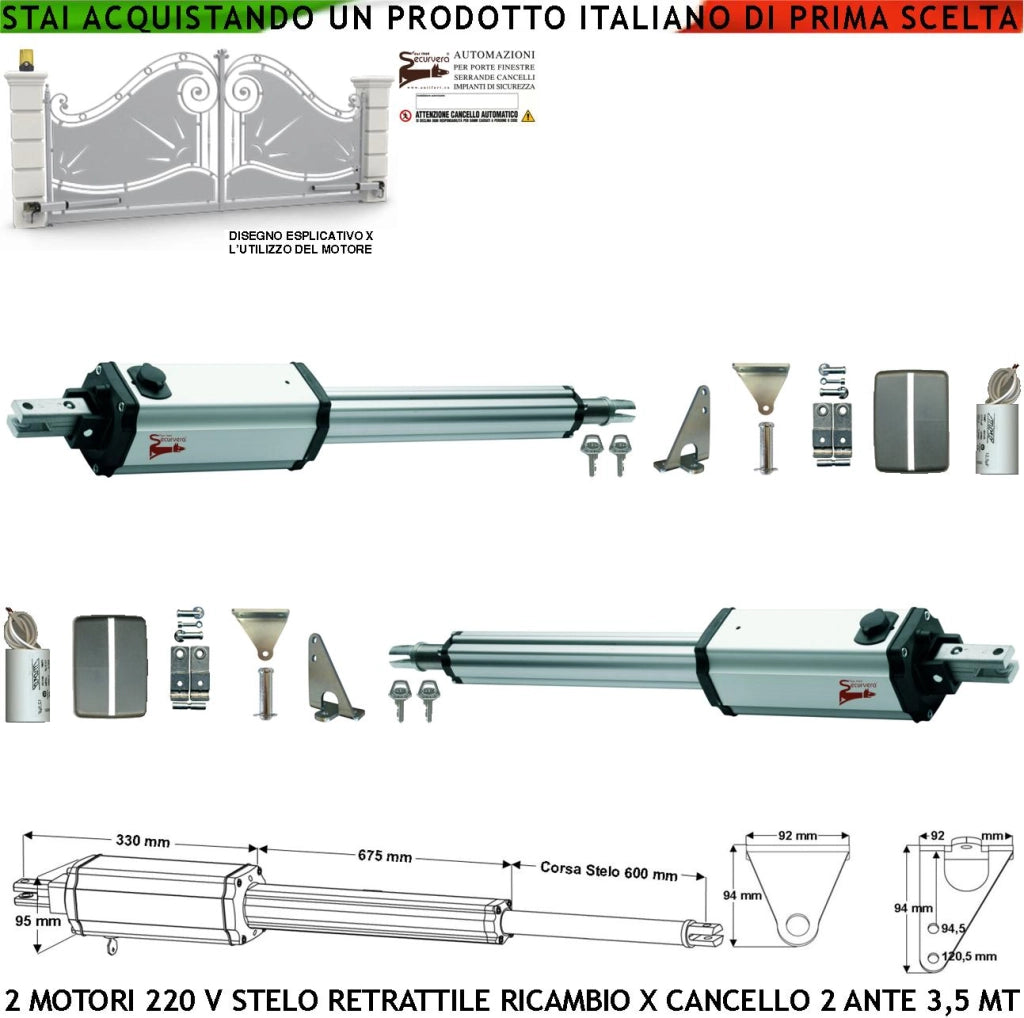 Motori Elettromeccanici 230 V Cancello Elettrico 7 MT Stelo Retrattile Corsa 600 mm 2 Ante Battente da 3,5 Metri Spinta 250 Kg Sblocco a Chiave Ricambio Automatismo Completi di Staffe Bulloni