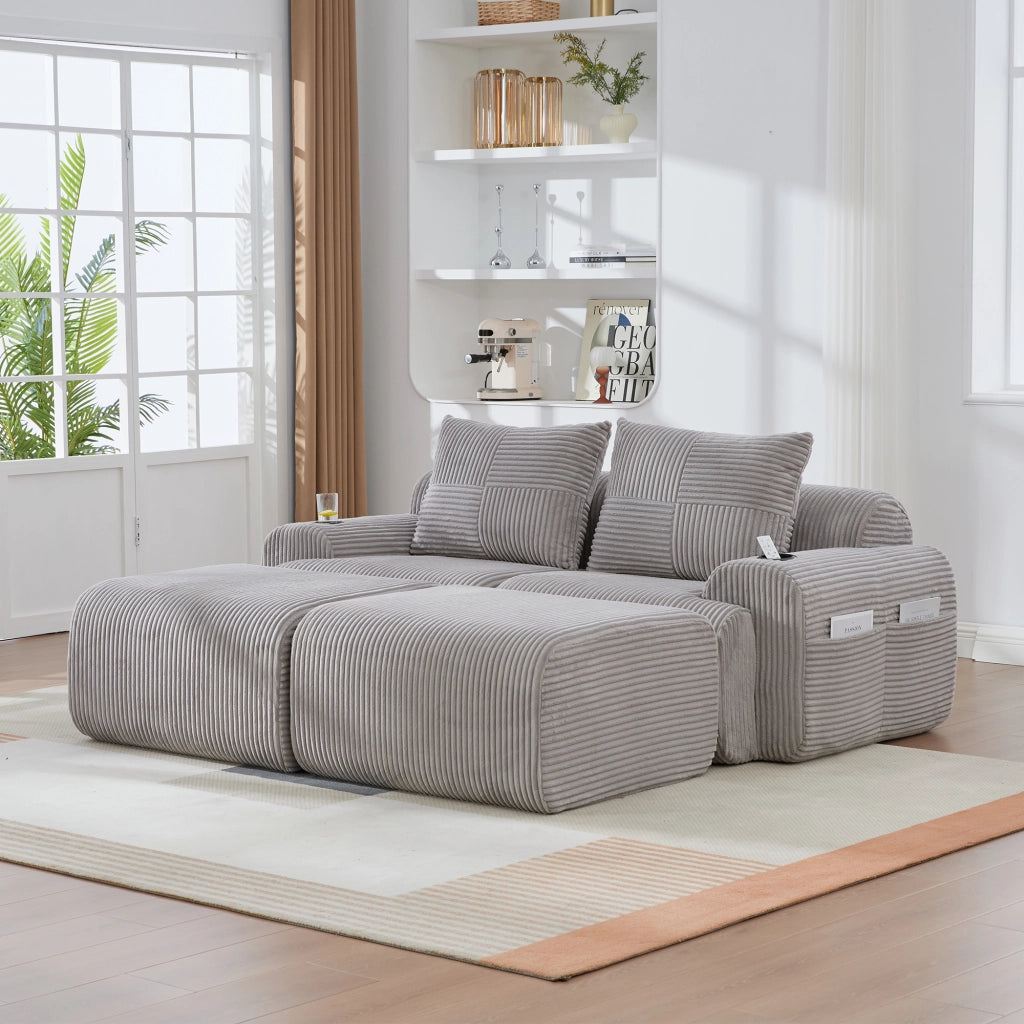 Divano Modulare 2 Posti con Poggiapiedi ¨C MINIMAL ¨C Tessuto, Beige/Grigio Chiaro