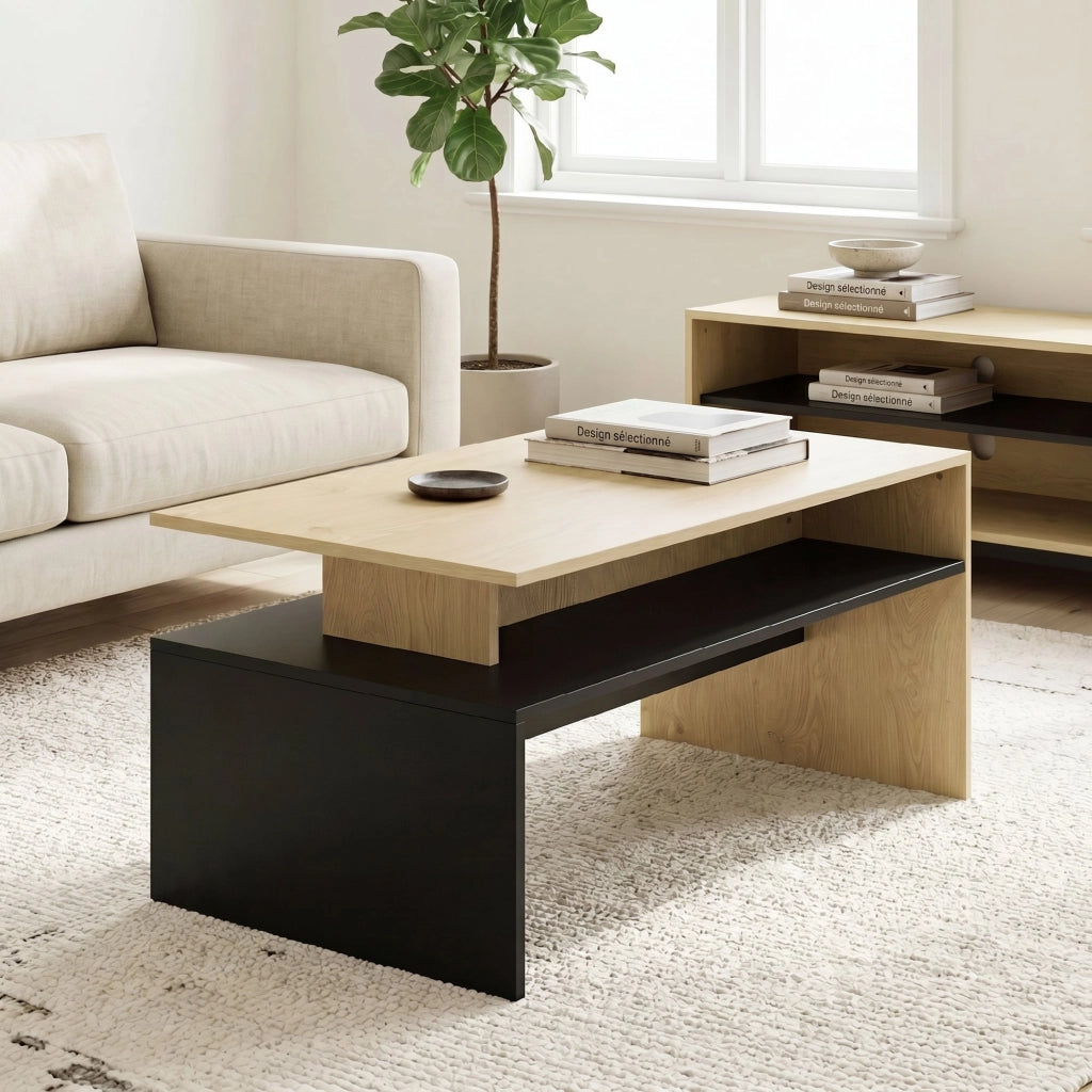 Tavolino da caff¨¨ moderno bicolore a livelli ¨C zephmum ¨C 95x55x50 cm legno naturale e nero