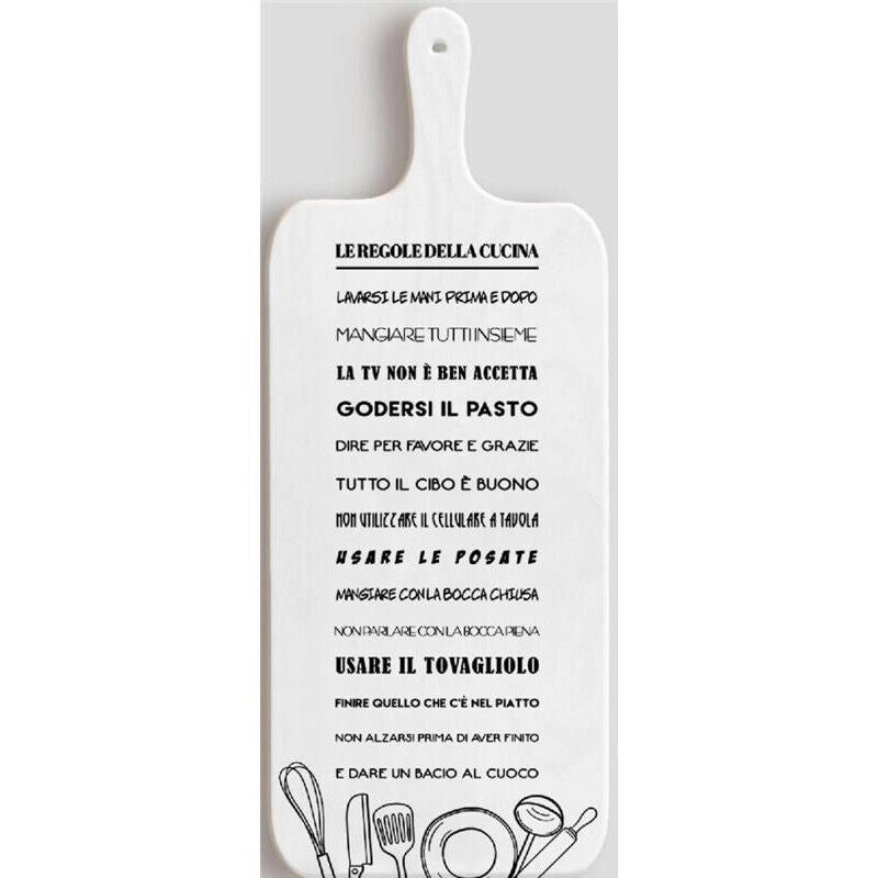 TAGLIERE DA CUCINA BIANCO IN MISURA 15X37 CM CON TEMA E SCRITTA LE REGOLE DELLA CUCINA