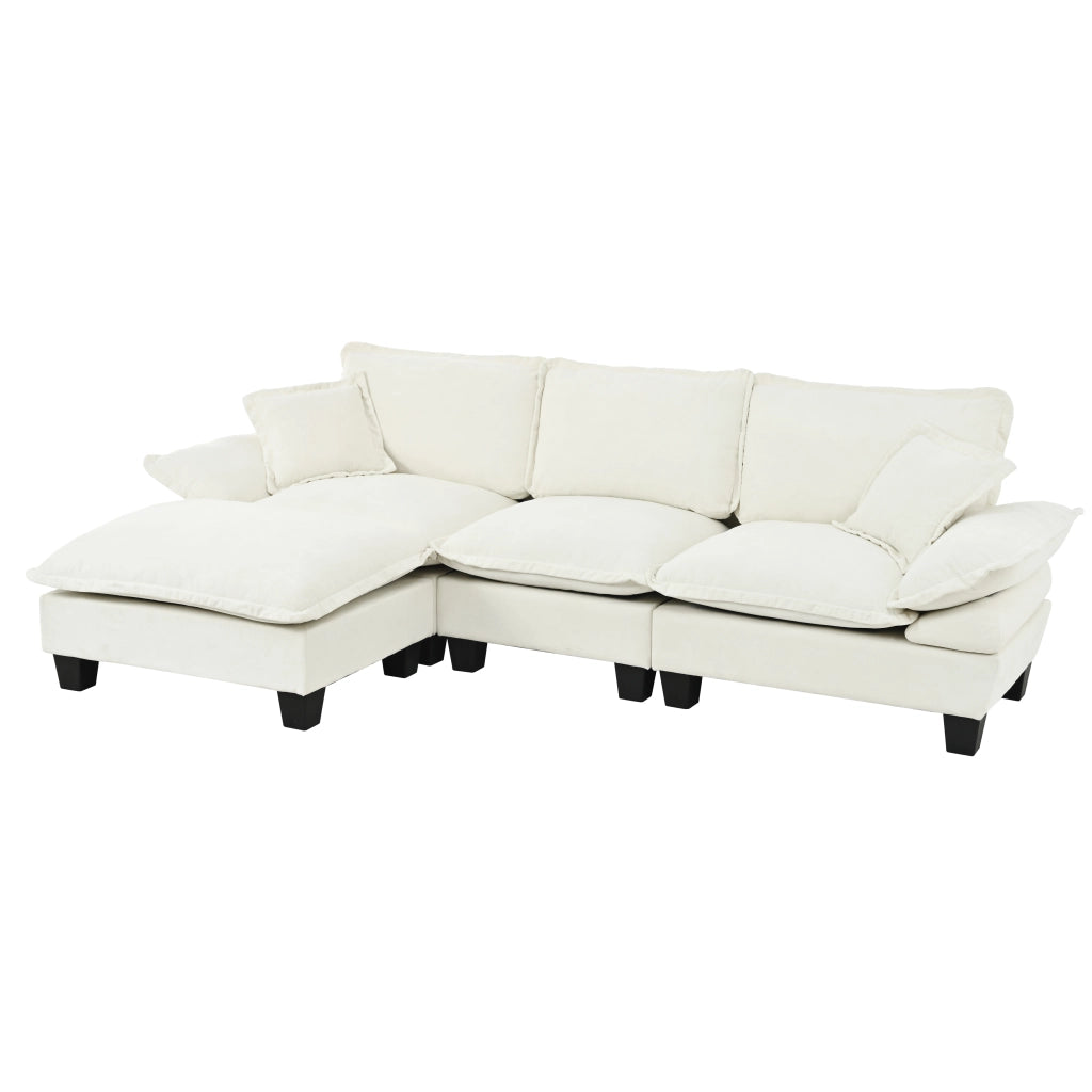 Divano angolare modulare con pouf mobile e 2 cuscini in ciniglia beige 263×151×90 cm