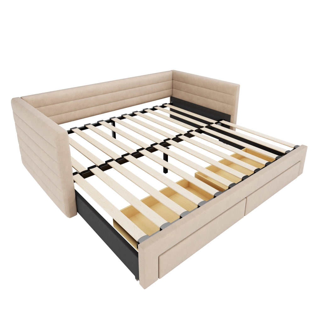 Divano letto estraibile con 2 cassetti e funzione letto in cotone e lino beige 90 × 190 cm