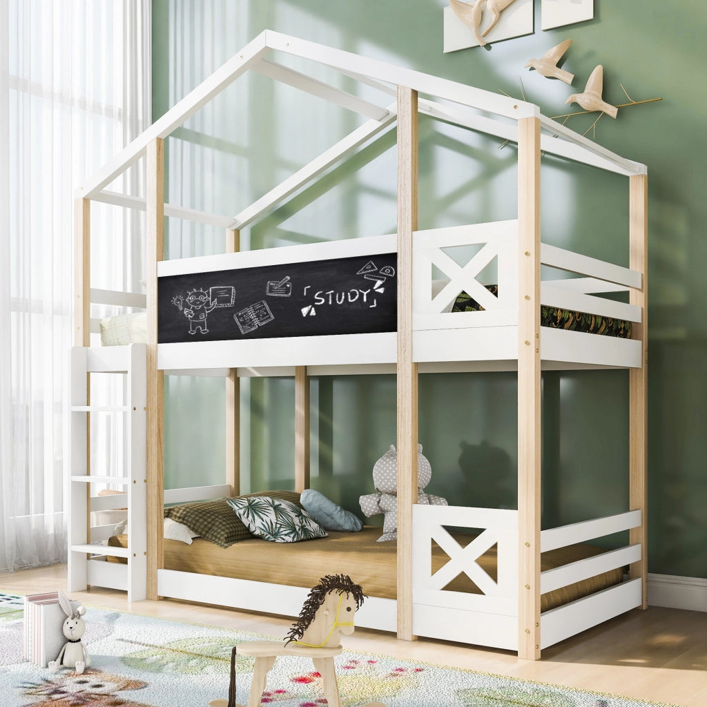 Letto a castello bianco con funzione lavagna in legno massello di pino 90x200 cm
