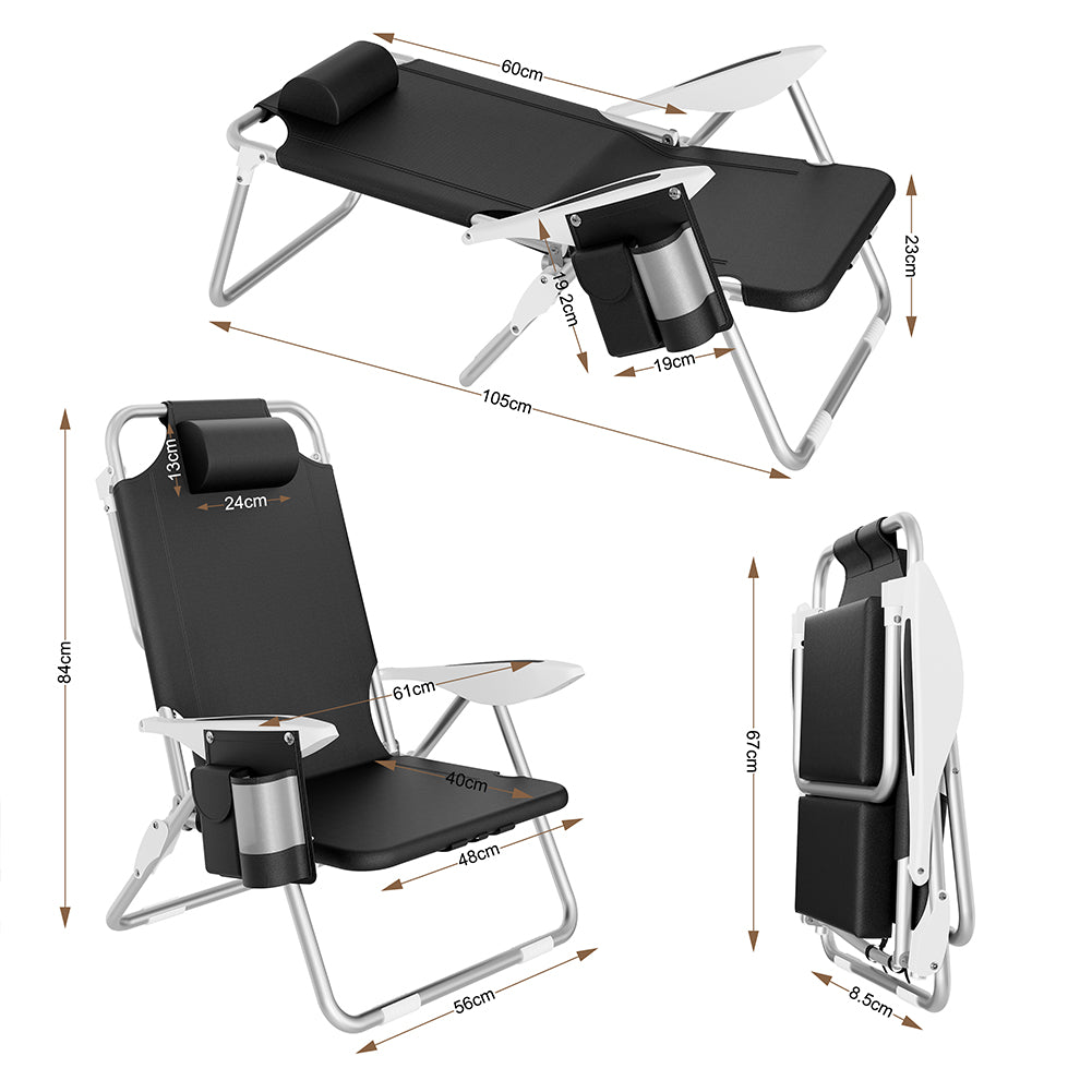 Spiaggina Pieghevole Sedia Spiaggia Alluminio con Borsa Termica e Spallacci Nero