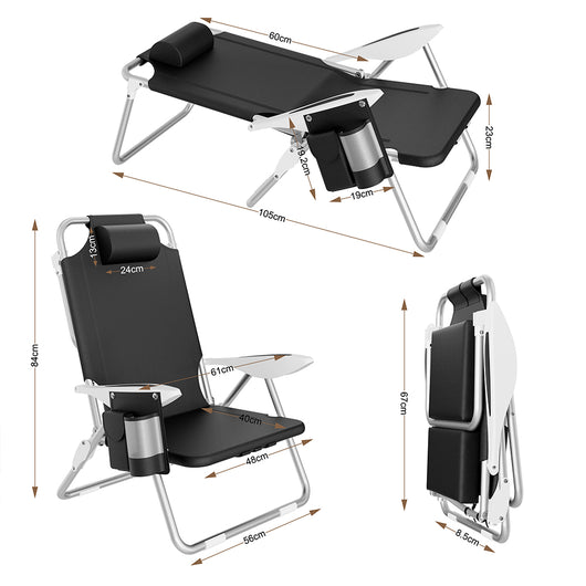 Spiaggina Pieghevole Sedia Spiaggia Alluminio con Borsa Termica e Spallacci Nero