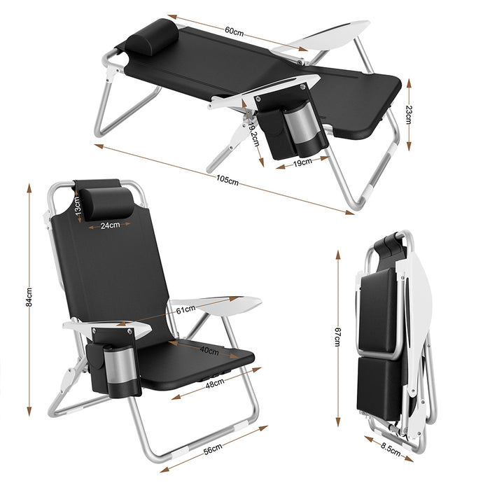 Spiaggina Pieghevole Sedia Spiaggia Alluminio con Borsa Termica e Spallacci Nero