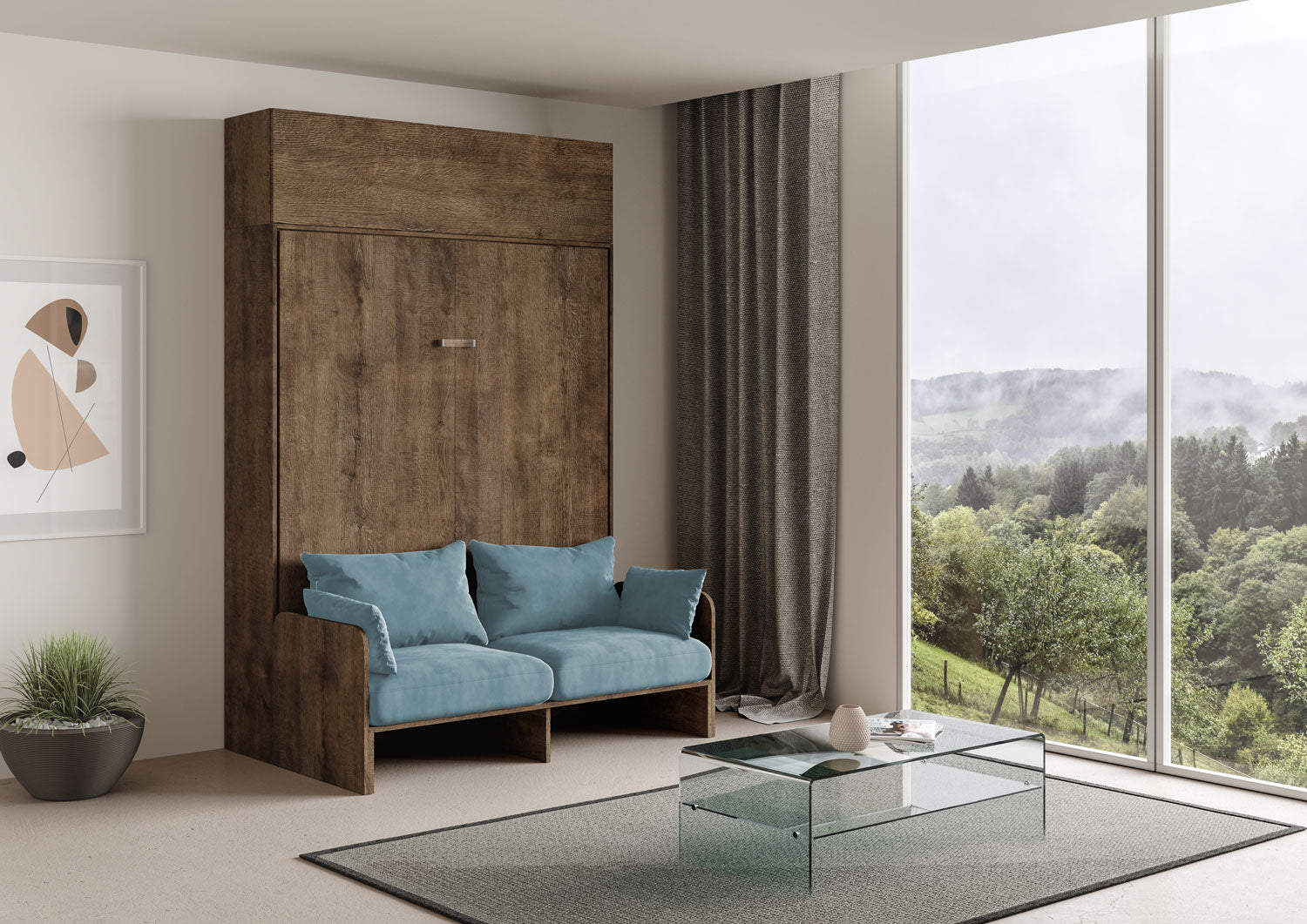 Letto Matrimoniale A Scomparsa 160 Kentaro Con Divano E Pensile Noce e Azzurro