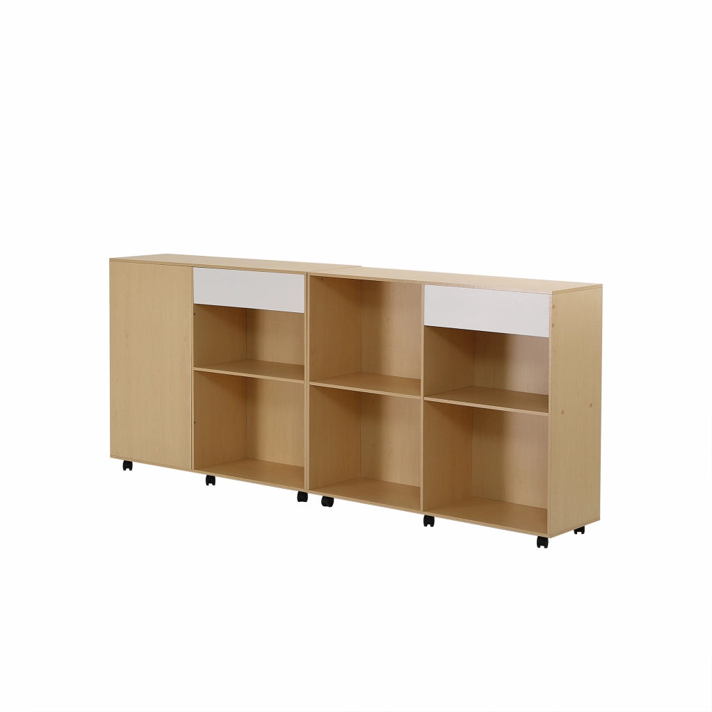 Mobile contenitore modulare con ripiani aperti e rotelle per soggiorno, camera e ufficio in MDF bianco e rovere chiaro