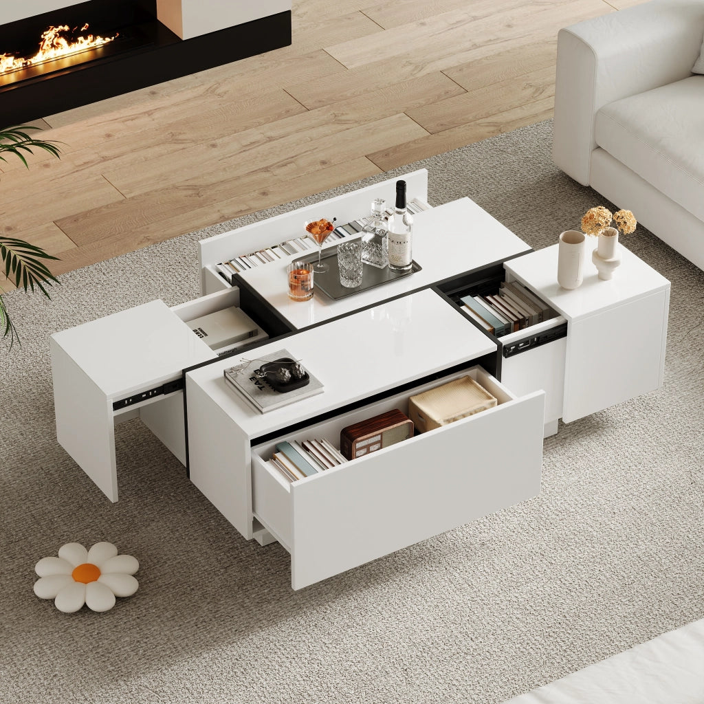 Tavolino da Salotto Quadrato con 4 Cassetti e Piano Scorrevole; Bianco Lucido; Stile Moderno; in Pannelli di Particelle; 100×60×40 cm; Bianco