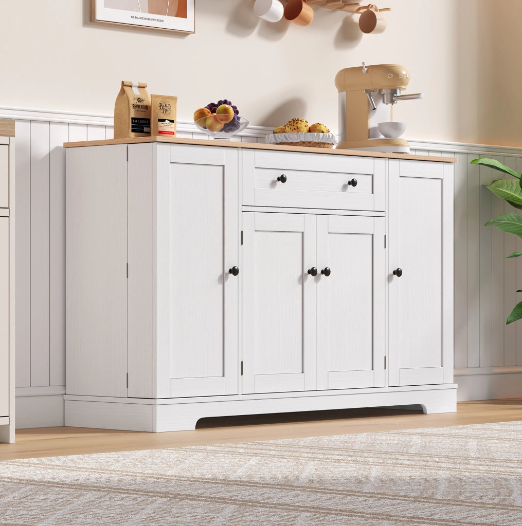 Buffet da cucina 138 cm con cassetto, ante e ripiani regolabili in MDF naturale e bianco