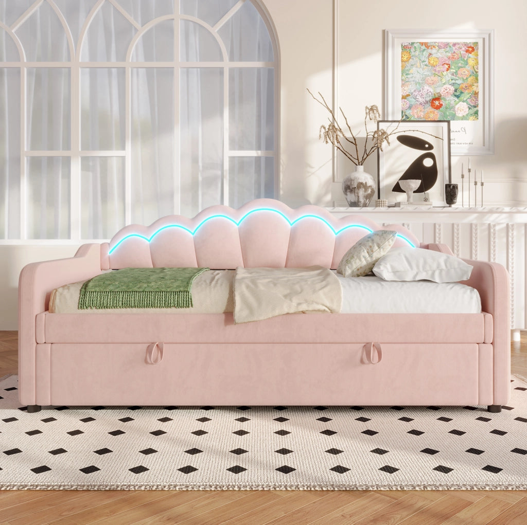 Divano letto ULEVR 90x200 cm in velluto rosa con contenitore idraulico, LED multicolore e telecomando