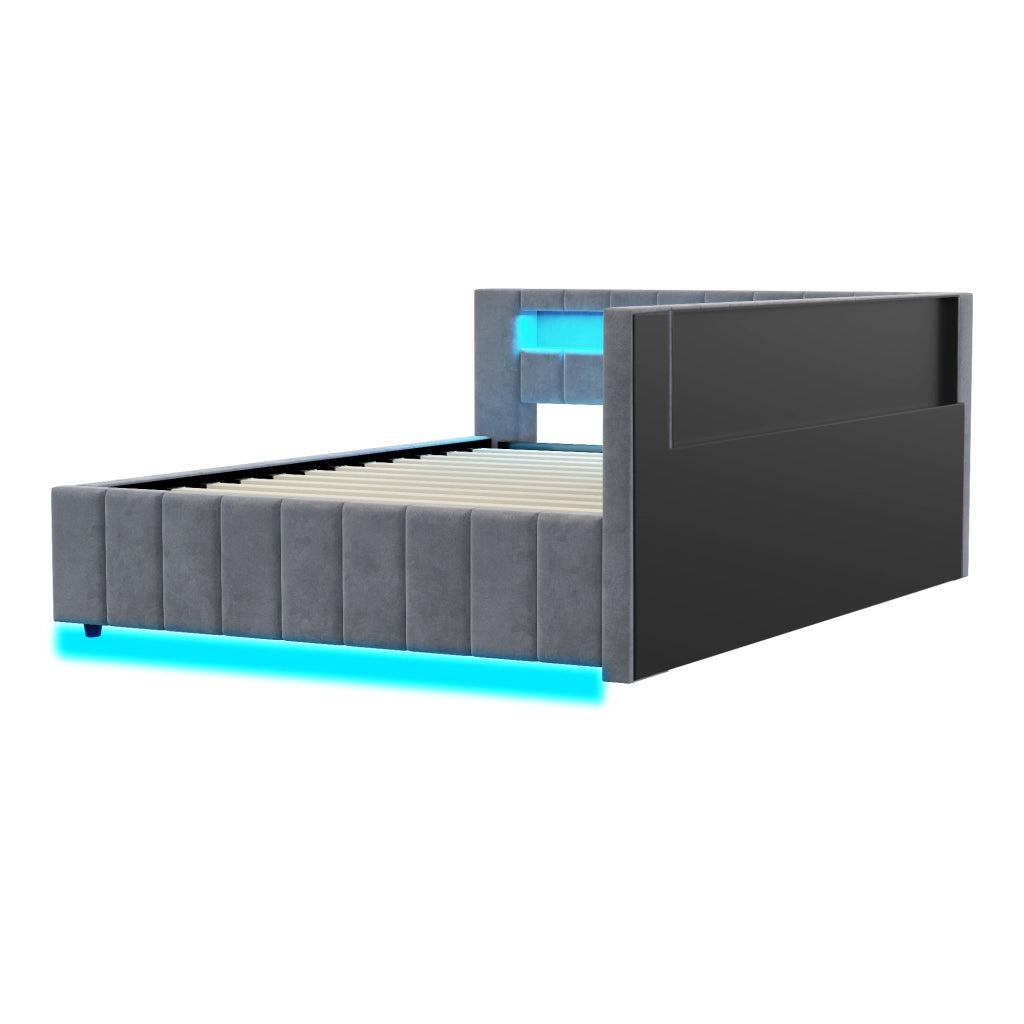 DESMIU Letto imbottito 140 × 200 cm 2 posti con LED, USB e vano contenitore idraulico, senza materasso, in velluto, grigio
