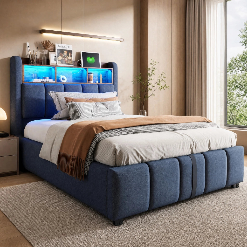 Letto imbottito singolo 90x200 cm con contenitore idraulico, LED RGB, USB e testiera con ripiani, grigio