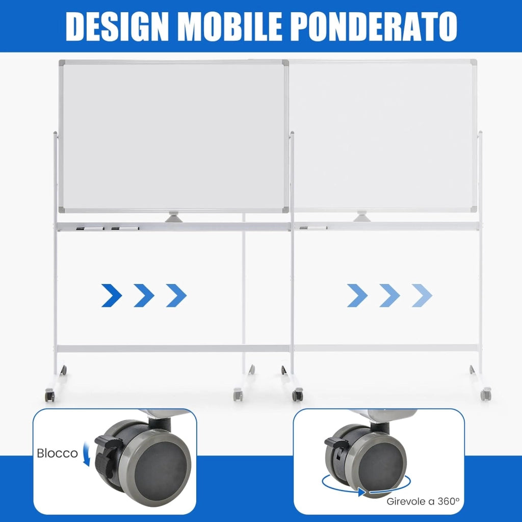 Lavagna Bianca Mobile 120 x 80 cm, Lavagna a Doppia Faccia Magnetica Cancellabile a Secco con Cavalletto e Ruote, Altezza Regolabile 2 Livelli, Accessori Completi (Bianco)
