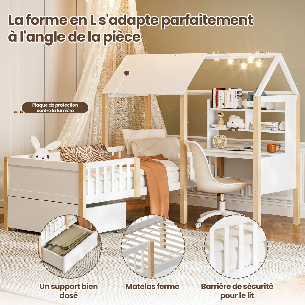 Letto per bambini 90 × 200 cm con scrivania, libreria, cassetti su ruote, sponda di sicurezza, senza materasso