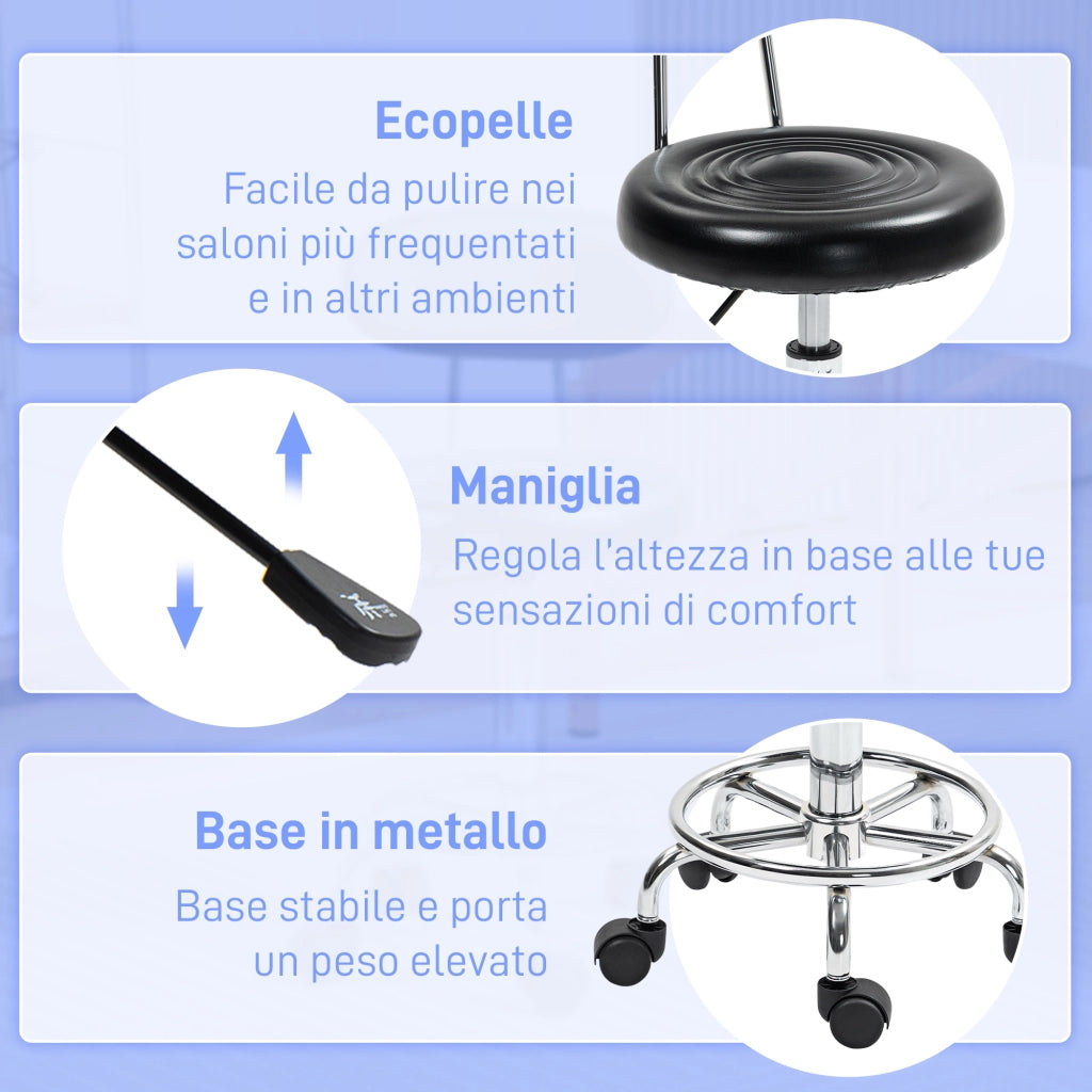 Sgabello Regolabile con Schienale e Poggiapiedi ¨C Minimal ¨C Nero, Finta pelle, Acciaio