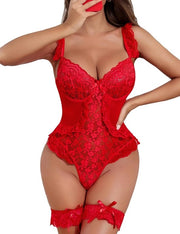 Corsetto da letto con decorazioni in rilievo - Teddy sexy - Ruches - Cinture spaghetta regolabili - Chiusura a gancio - Tessuto respirante