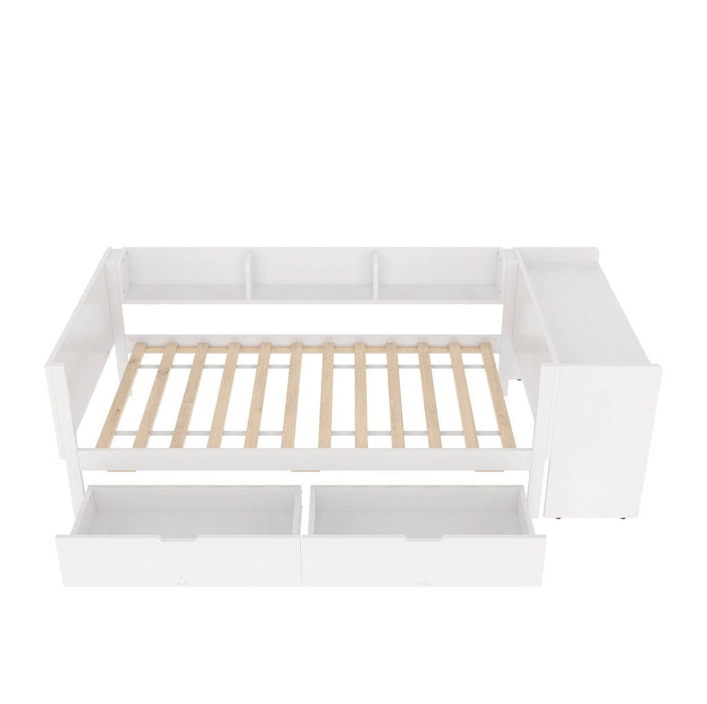 Letto 90x200 cm con scrivania; 2 cassetti e ripiani in legno bianco