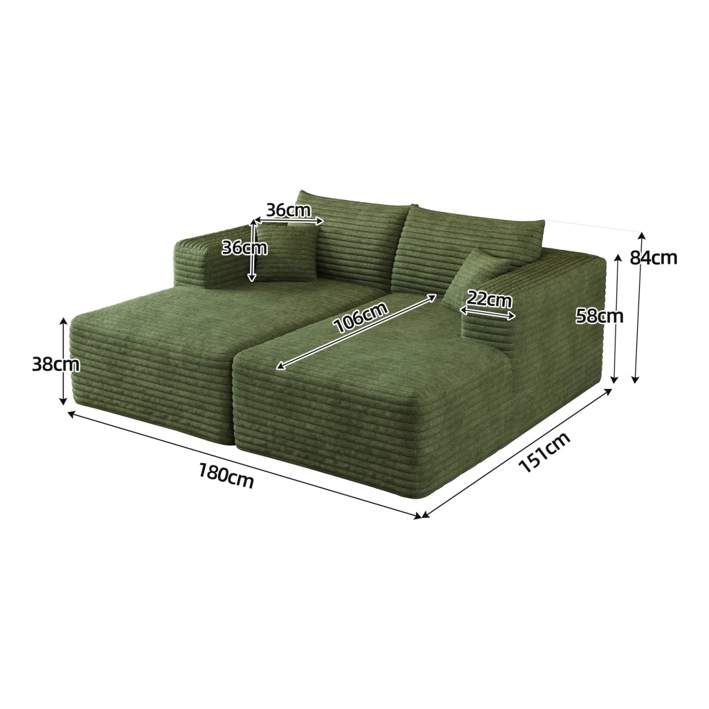 Divano modulare moderno in velluto a coste verde 180x151 cm senza montaggio