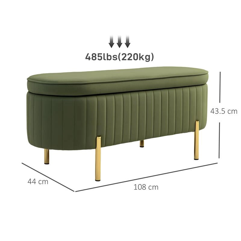 PANCA CONTENITORE OVALE DA 72L CON COPERCHIO SOLLEVABILE IN TESSUTO EFFETTO VELLUTO E LEGNO 108X44X43.5 CM VERDE