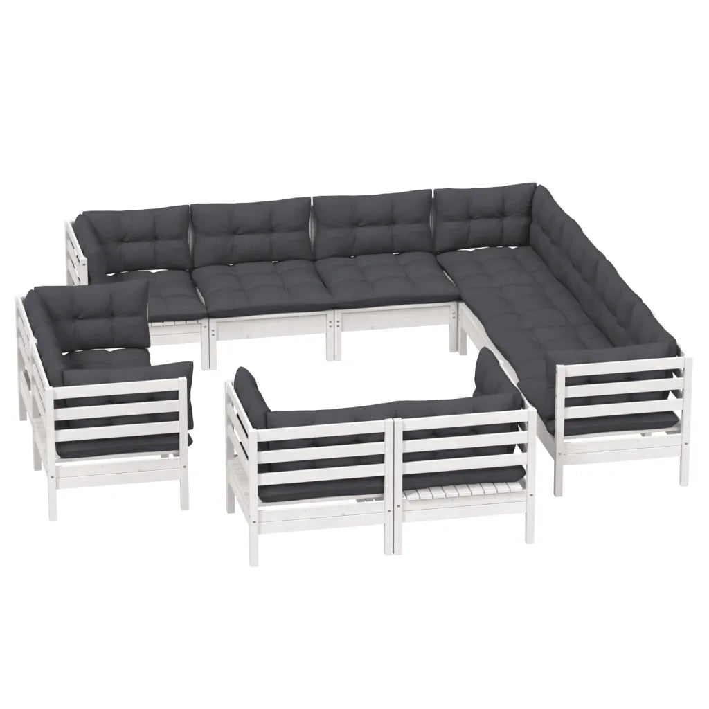 Set Divani da Giardino 11 pz con Cuscini Bianchi Legno di Pino 3096936
