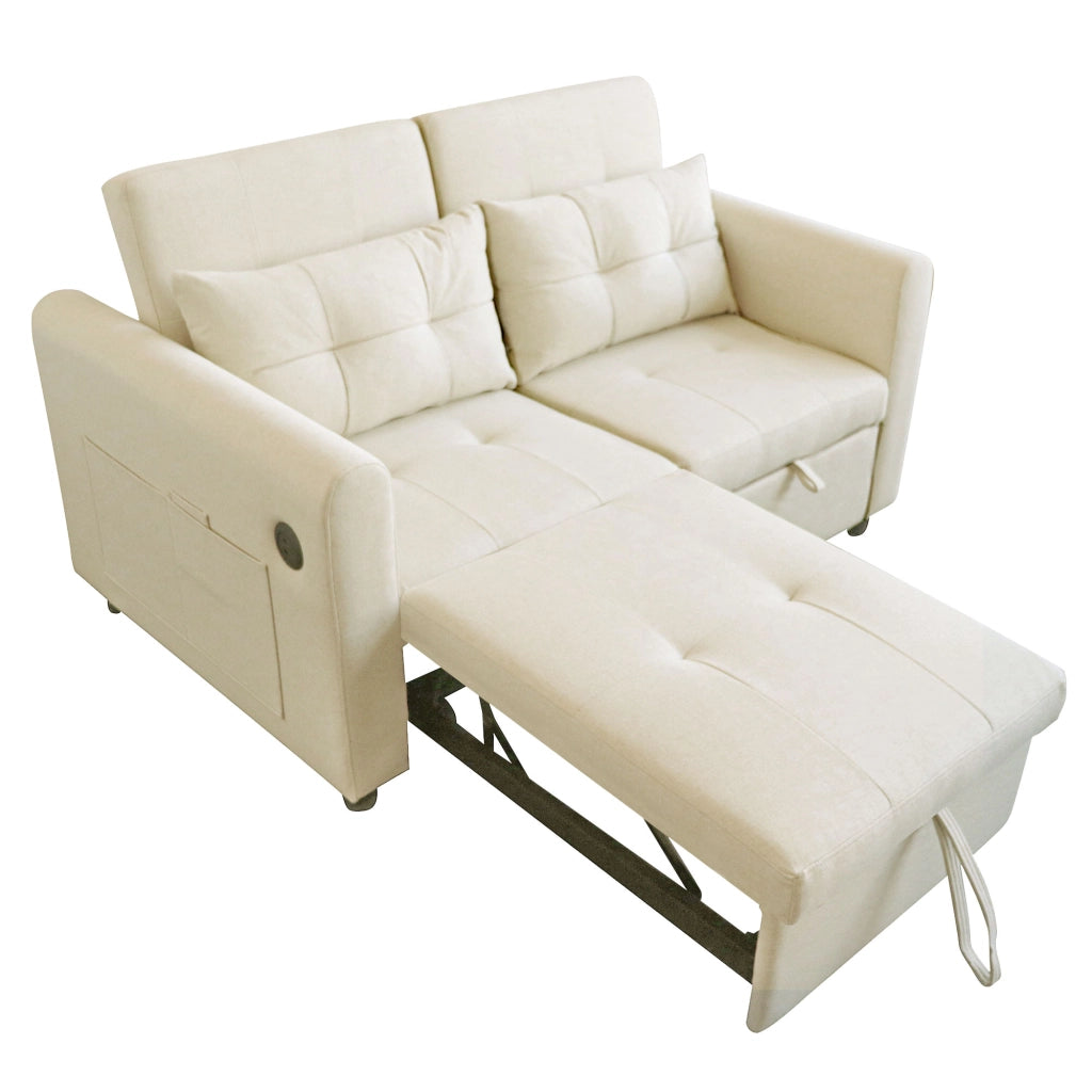 Divano letto 3 in 1 a 2 posti con schienale regolabile, USB, tasche laterali e 2 cuscini, beige